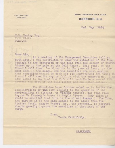 Letter re condition of road to golf house 1924