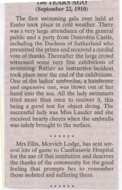 First swimming gala held at Embo 1910