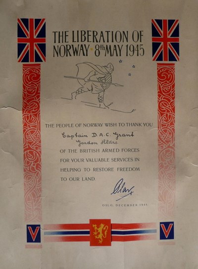 Certificate to Capt Grant on the Liberation of Norway 8 May 1945