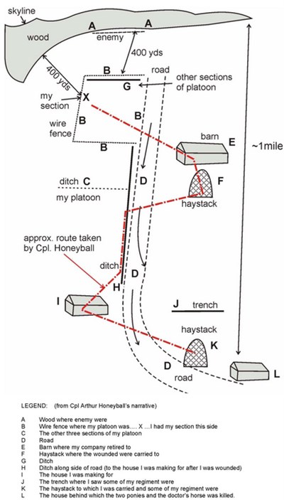 Reworking of Cpl Arthur Honeyball's diagram of action of 22 Oct 1914