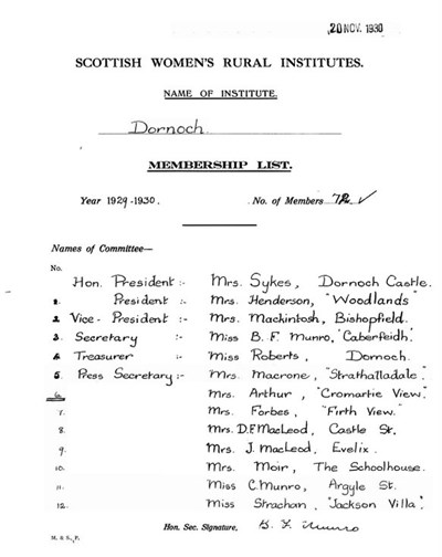Dornoch SWRI  - Membership List 1929-1930