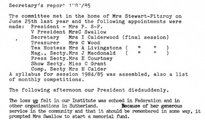 Dornoch SWRI  - Secretary's Report 1984/85