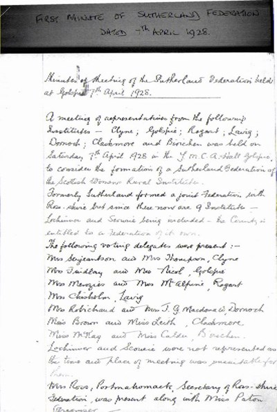 Dornoch SWRI -First Minutes of Sutherland Federation 7 April 1928