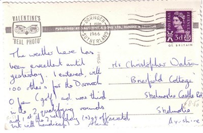 Reverse of Dornoch Golf Club postcard 1966