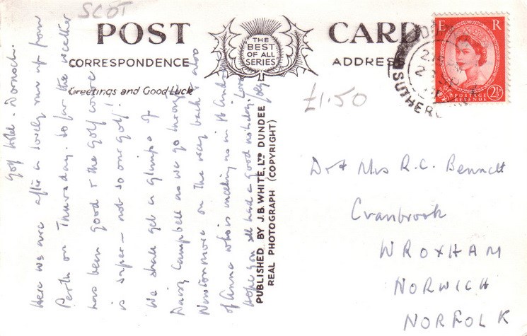 Reverse of postcard from the Basil Hellier Collection, showing The Square, Dornoch