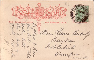 Reverse side of postcard from the Basil Hellier collection, showing Castle Street, Dornoch 