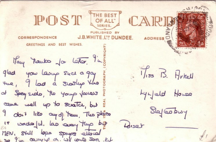 Reverse side of postcard from the Basil Hellier collection, showing the Dornoch Hotel