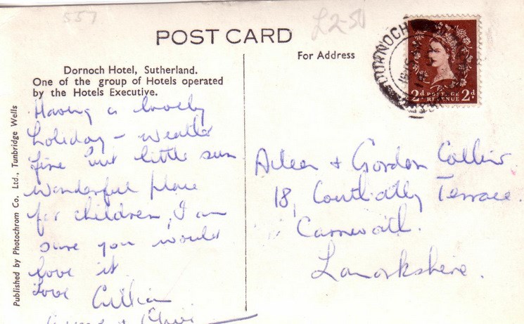 Reverse side of postcard from the Basil Hellier collection, showing the Dornoch Hotel