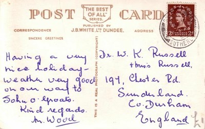 Reverse of Spinningdale postcard Basil Hellier collection