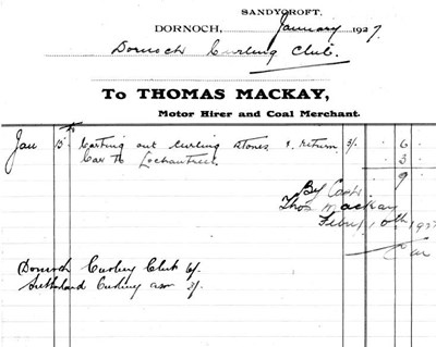 Invoice from Thomas Mackay, Motor Hirer, for carting of curling stones to Dornoch Curling  Club