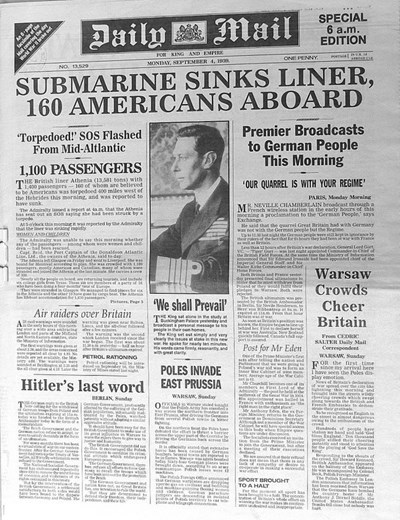 Daily Mail facsimile September 4th 1939 - sinking of SS Athenia