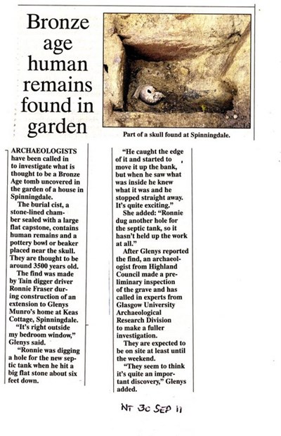 Bronze Age human remains found in Spinningdale garden