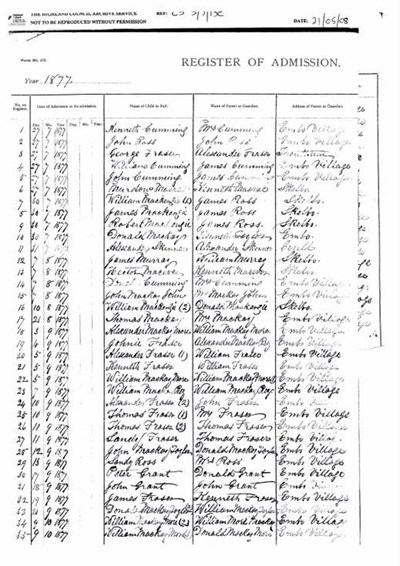 Embo Public School Register of Admissions 1877/88 and 1911-14