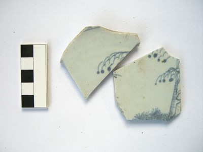Vitrified pale blue ceramic pottery fragments with blue pattern