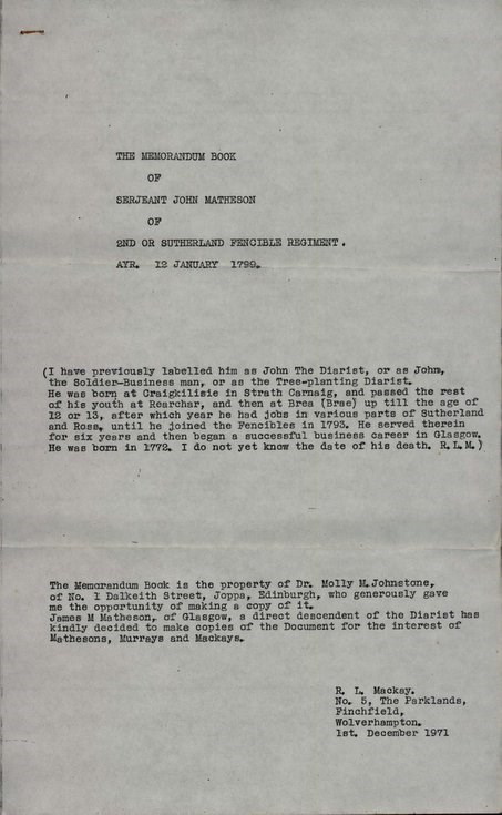 Memorandum of Sgt John Matheson Sutherland Fencibles