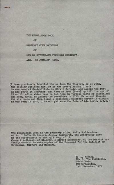 Memorandum of Sgt John Matheson  Sutherland Fencibles