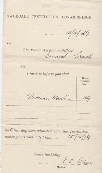 Admittance certificate to Swordale Institution for Norman Martin