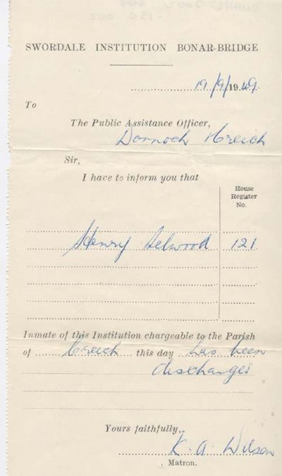 Discharge certificate of Swordale Institution for Henry Selwood