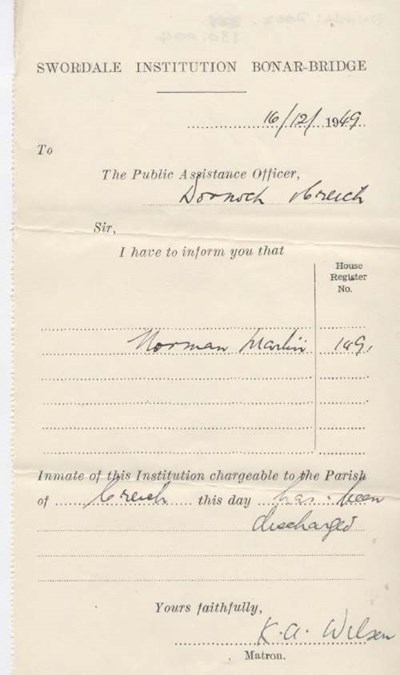 Discharge certificate of Swordale Institution for Norman Martin