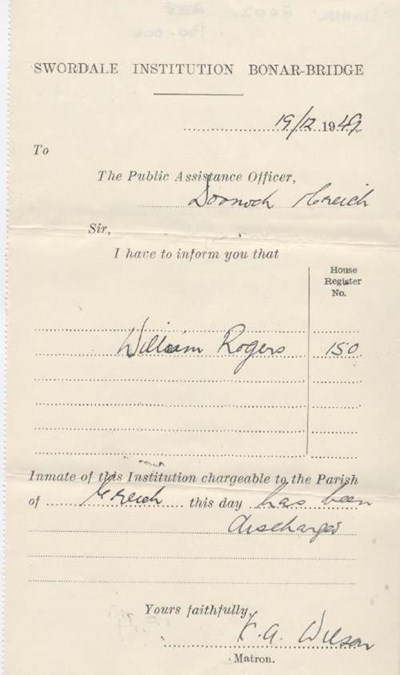 Discharge certificate of Swordale Institution for Wiiliam Rogers