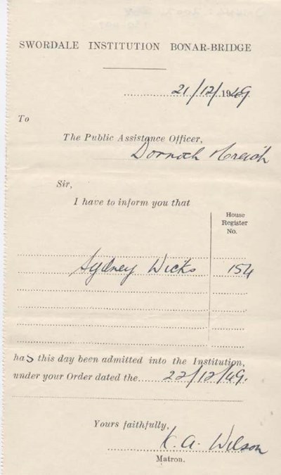 Admission certificate of Swordale Institution for Sidney Wicks