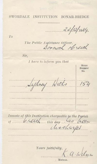 Discharge certificate of Swordale Institution for Sidney Wicks