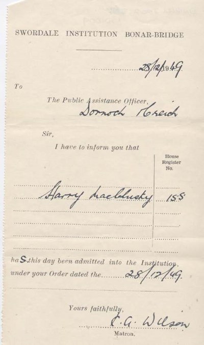 Admission certificate of Swordale Institution for Harry MacClusky