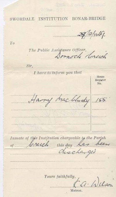 Discharge certificate of Swordale Institution for Harry MacClusky
