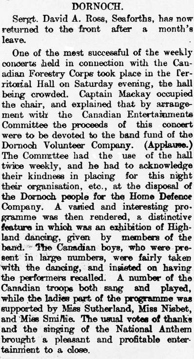 Dornoch Concerts for Canadian Forestry Corps 1918