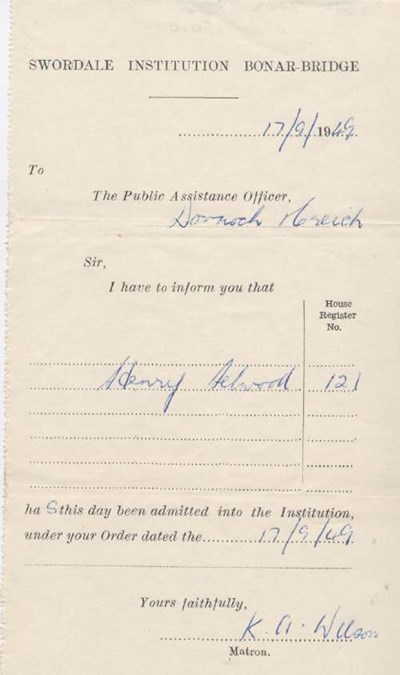 Admission certificate of Swordale Institution for Henry Selwood