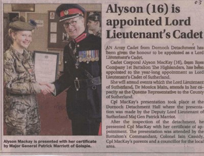 Cadet Corporal Alyson MacKay's appoiintment