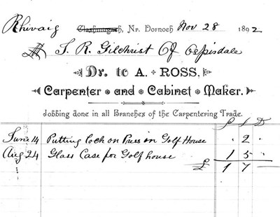 Account owed to A Ross by J R Gilchrist 1892