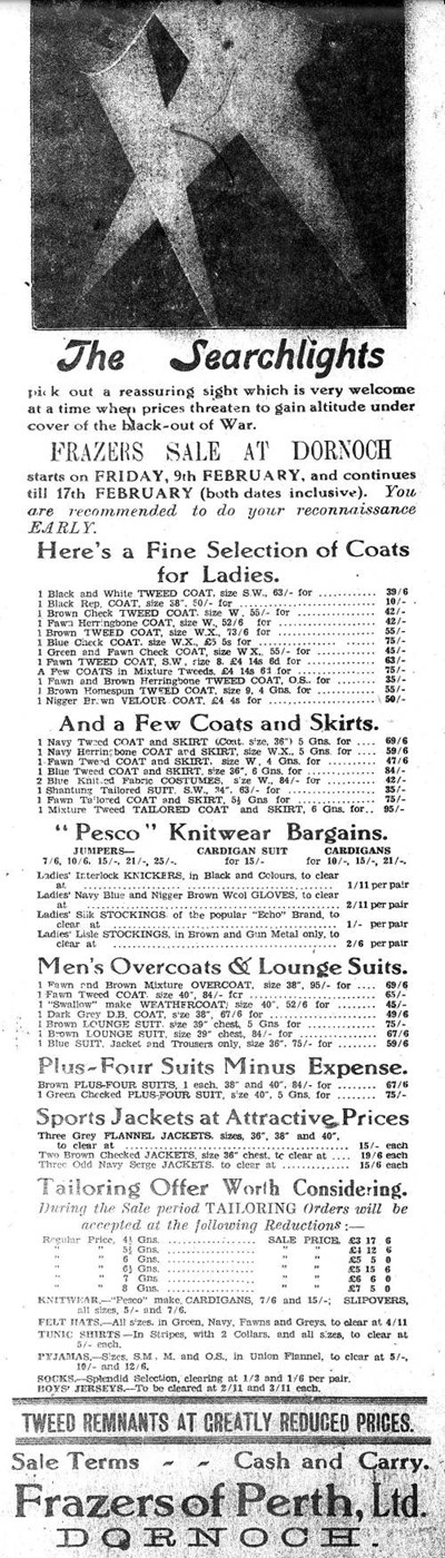 Advert for Frazers of Perth, Dornoch