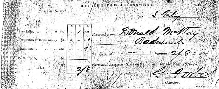 Receipt for parochial assessment, Donald Mackay Badninish 1874