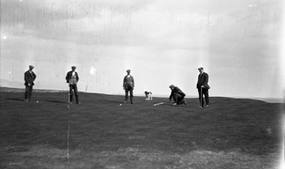 Golfing quartet + dog on 2nd green @ Royal Dornoch