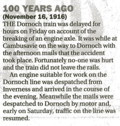 Broken engine axle delayed Dornoch Train 1916