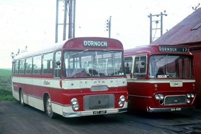 Two 1960's  single deck buses at Dornoch garage