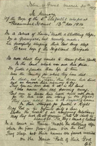 'In Memory' World War 1 Poem