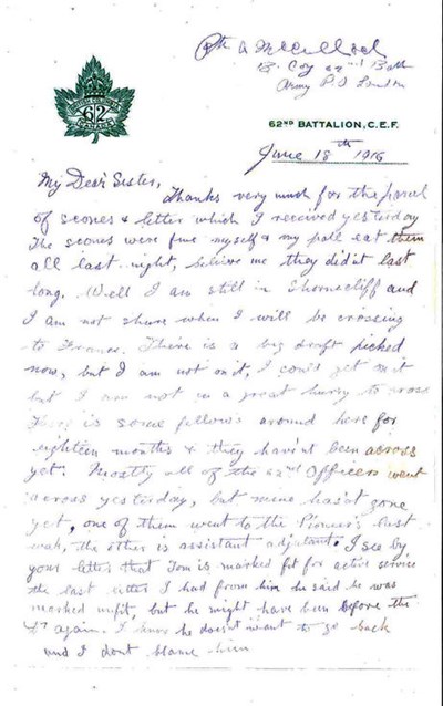 Letter from Alex McCulloch to his sister Jo 1916