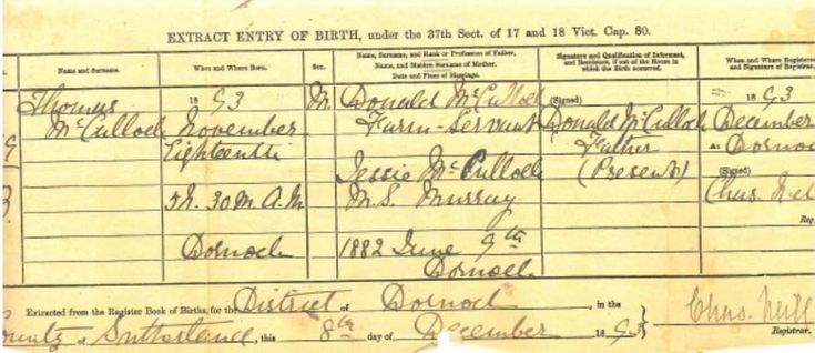 Birth Certificate Thomas McCulloch 1893