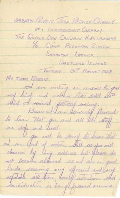 Second letter to Bessie Wilson from  John Cairney