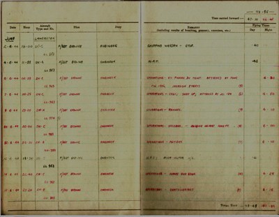 Page from Gilbert Gray's flying log book
