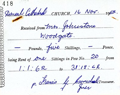Receipt for seat rent Dornoch Cathedral