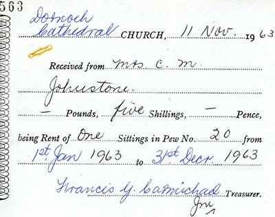 Receipt for seat rent Dornoch Cathedral