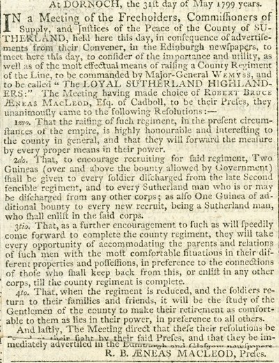 Newspaper article re the raising of the Loyal Sutherland Highlanders