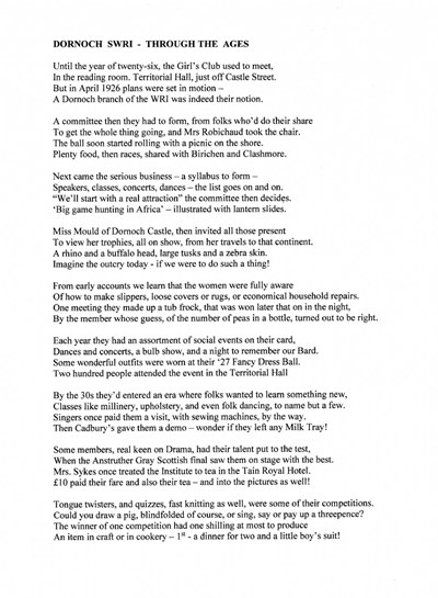 Poem 'Dornoch SWRI - Through the Ages'	