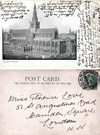 Postcard with a monochrome photograph of Glasgow Cathedral