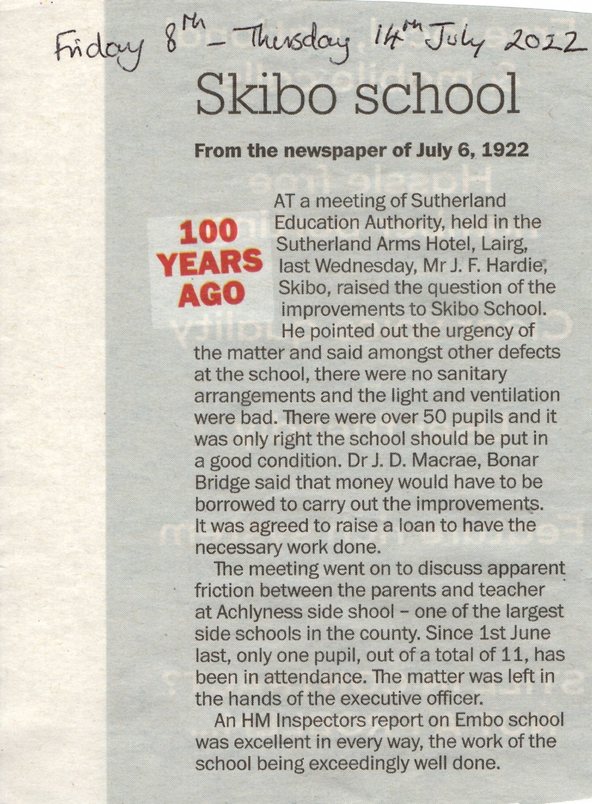 Skibo School, 1922