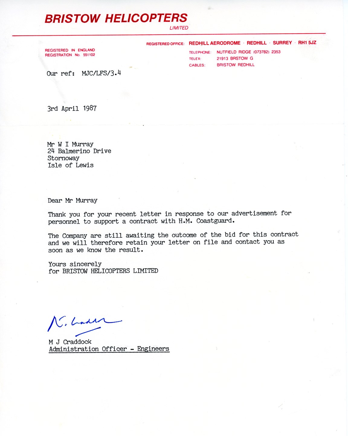 Letter from Bristow Helicopters Ltd., dated 3rd April 1987 to W. I Murray