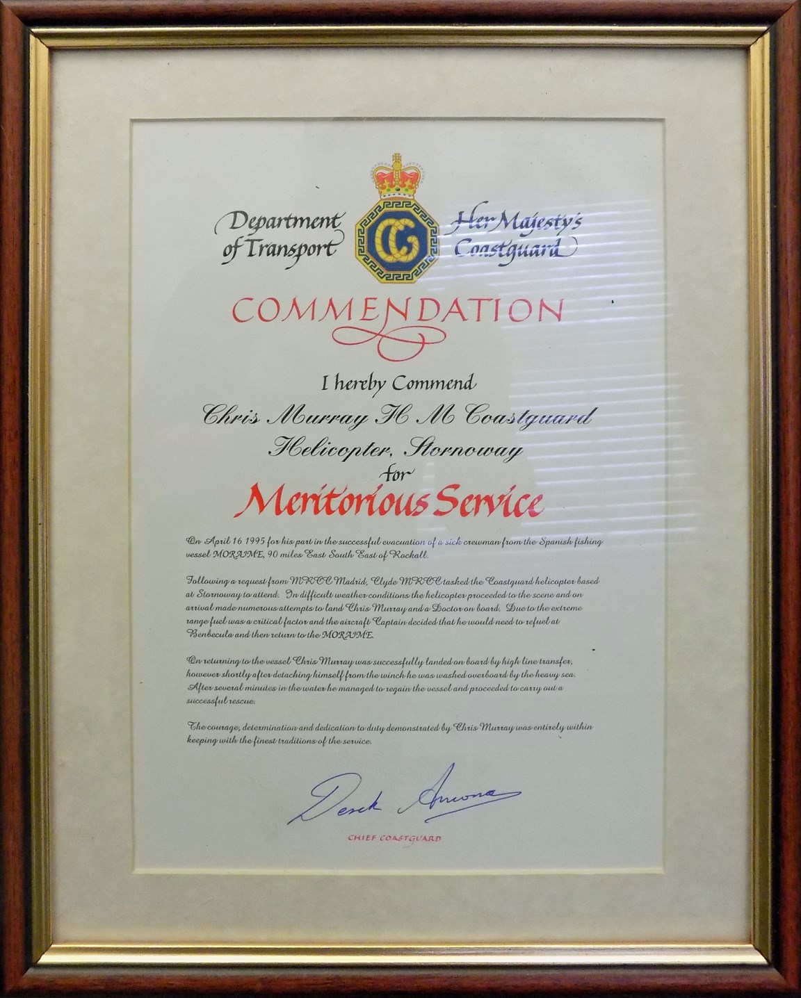 Her Majesty’s Coastguard Commendation awarded to WM Chris Murray